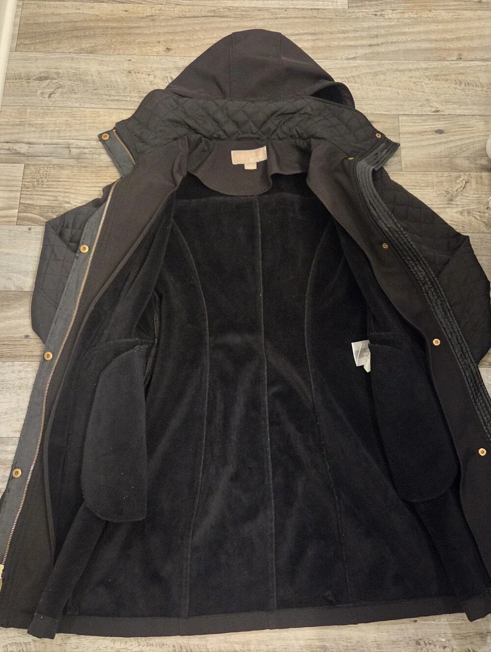 Michael Kors Black Hooded Belted Trench with Quilted Sleeves
